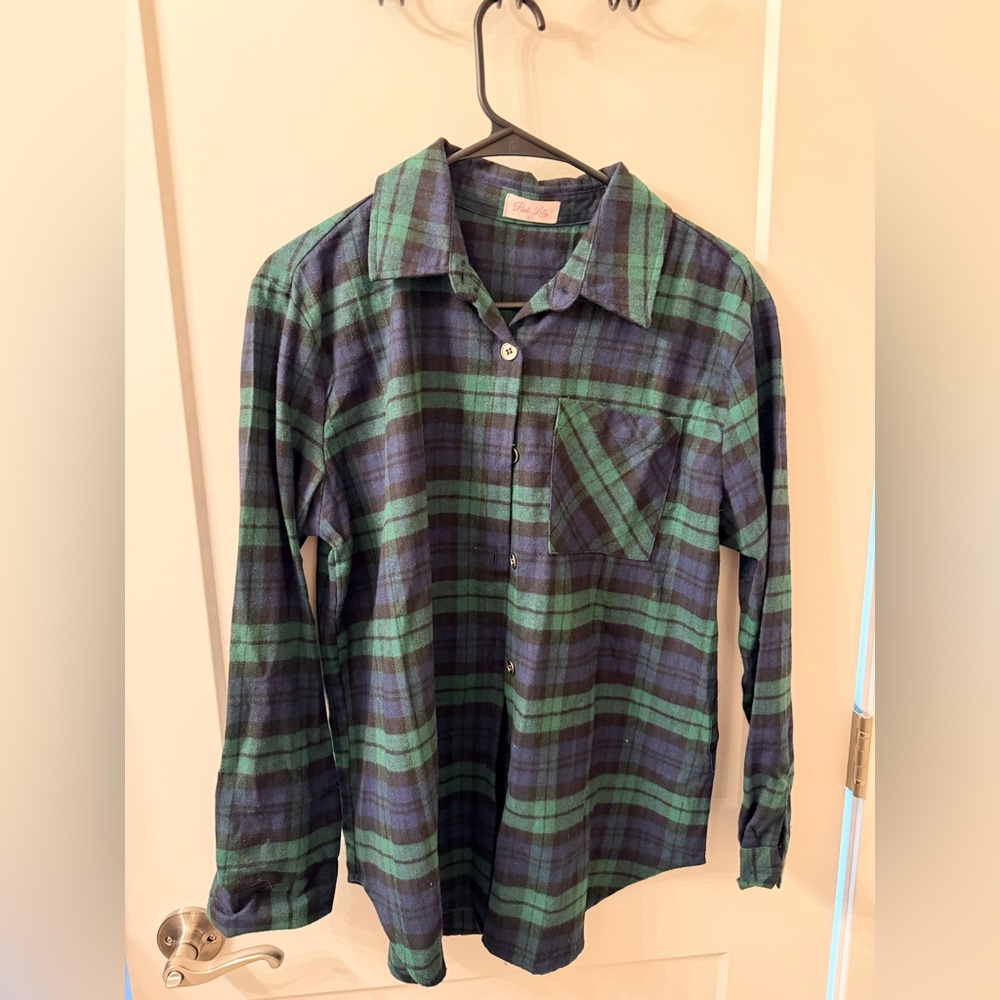 Pink Lily Green & Navy Plaid Button-Down Shirt